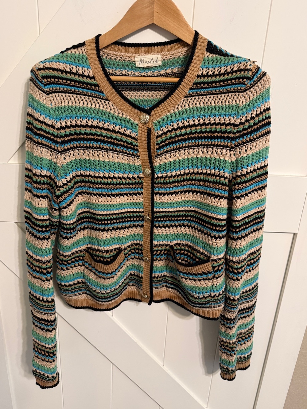 MARBLE Striped Crochet Cardigan Women’s Medium Gold Buttons Crochet grannycore